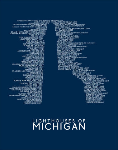 Michigan Lighthouses Word Art Print (Dark Blue)  11 x 14