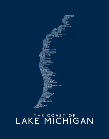 Michigan's Lake Michigan Coastline Word Map Fine Art Print (Dark Blue)  11 x 14